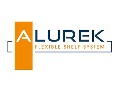 Logo voor het ALUREK Flexible Shelf System, bestaande uit een oranje verticale rechthoek met daarin een witte A en blauwe tekst aan de rechterkant. Daaronder staat in oranje hoofdletters de tekst „FLEXIBLE SHELF SYSTEM“.