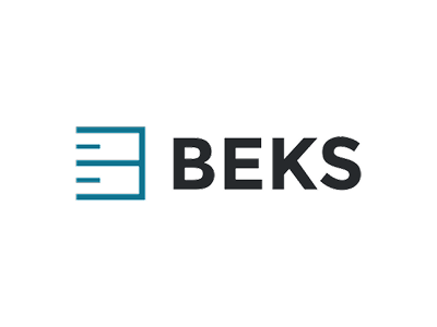 Een minimalistisch logo met een blauw, abstract pictogram dat lijkt op een snel bewegende lade of doos, gevolgd door de opvallende zwarte tekst BEKS op een witte achtergrond.
