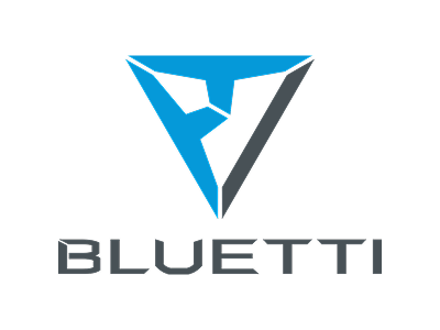 Het Bluetti-logo bestaat uit een gestileerd blauw en grijs driehoekig embleem boven het woord BLUETTI in vetgedrukte, moderne hoofdletters.