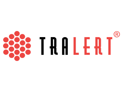 Het TRAALERT-logo met links een groepje rode stippen en het woord „TRAALERT“, waarbij „TRA“ in het zwart is en „ALERT“ in het rood. Aan het einde staat een rood symbool voor een geregistreerd handelsmerk.
