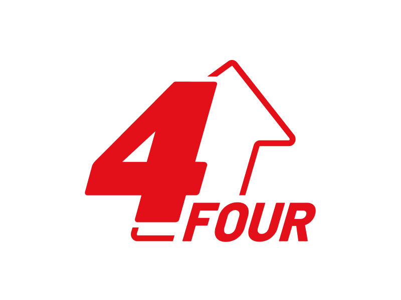Een groot rood cijfer 4 met daaronder het woord FOUR, naast de omtrek van een naar boven wijzende pijl, allemaal op een witte achtergrond.