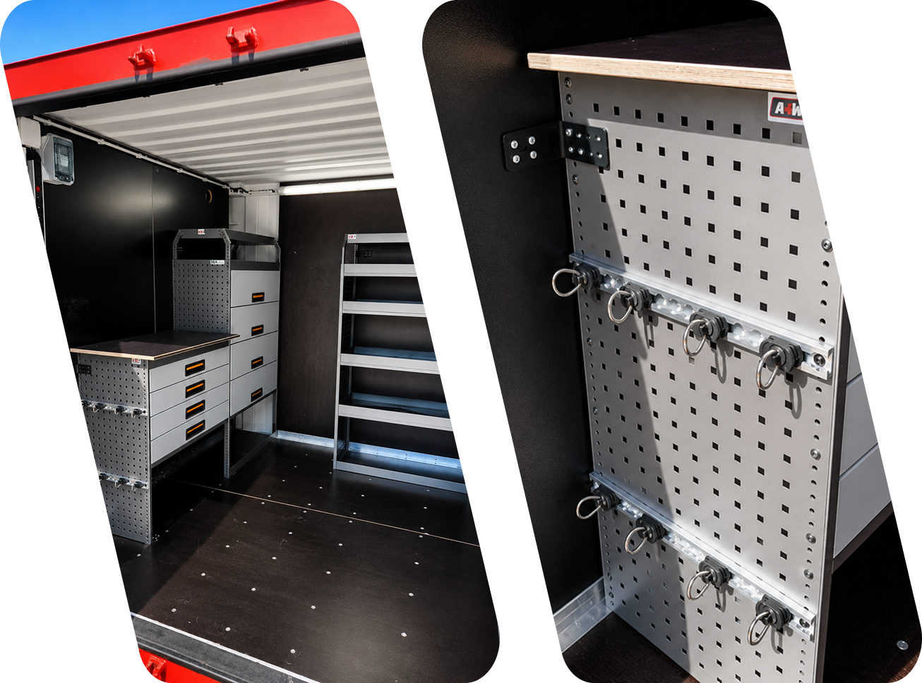 Interieur van een bestelwagen met overzichtelijke opberglades van metaal, planken en een wand met een perforatieplaat voorzien van haken en bevestigingspunten, ontworpen voor een efficiënte opslag van gereedschap en uitrusting.