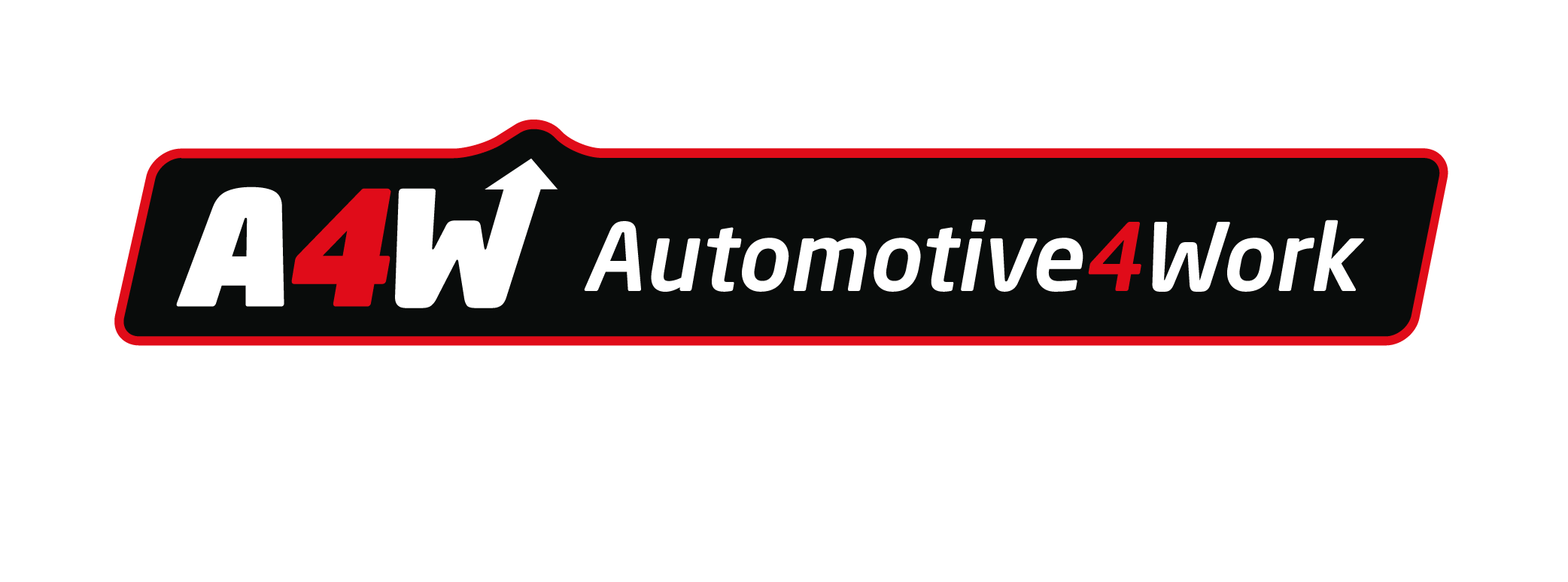 Het A4W Automotive4Work-logo met opvallende witte en rode letters op een zwart-rode rechthoekige achtergrond. Onder het logo staat in lichtgrijze letters de Nederlandse tekst ‘Bedrijfswageninrichting’.