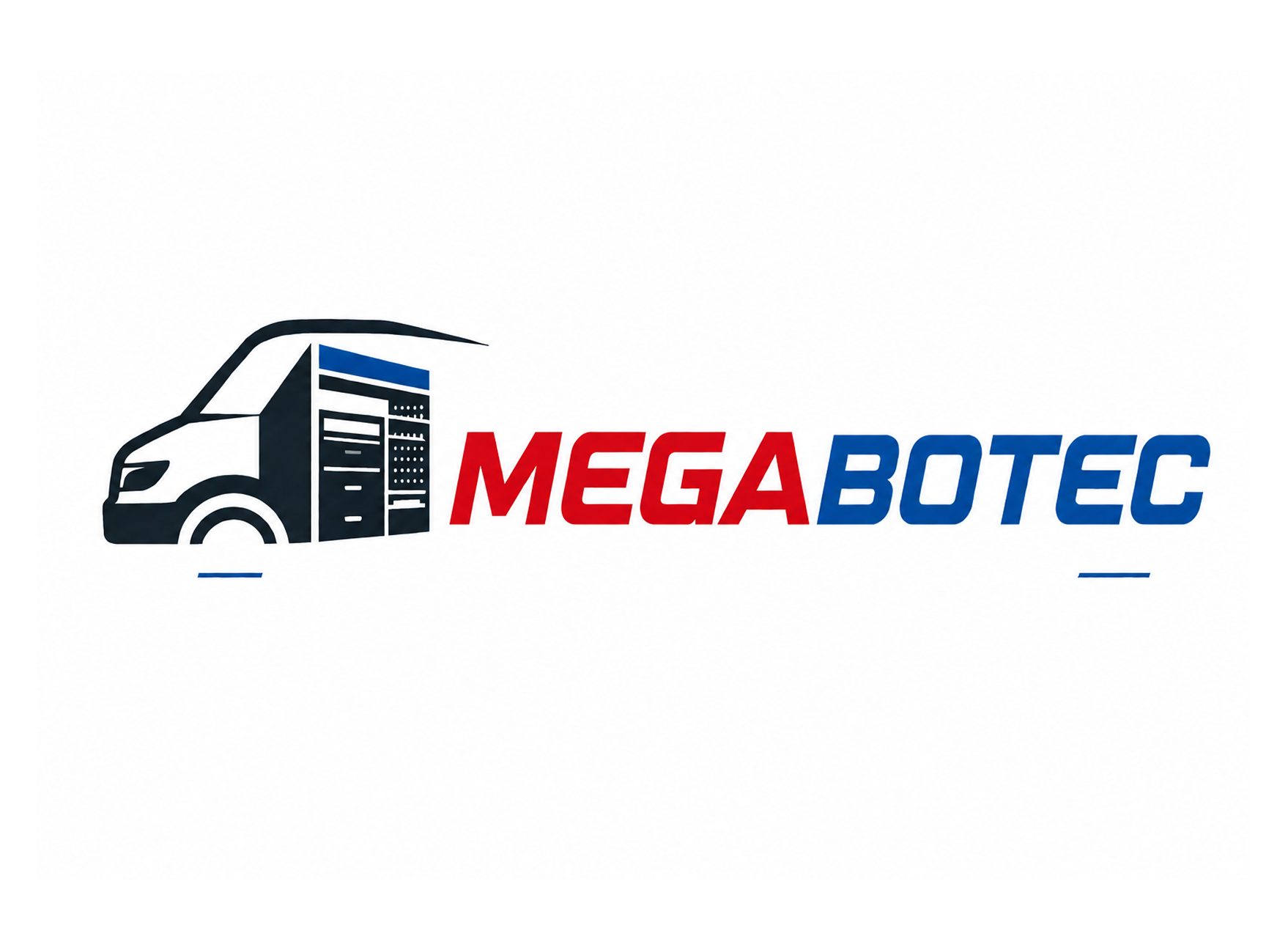 Logo met een bestelwagen waarop een serverrek op zijn kant staat, naast de tekst „MEGABOTEC” in vetgedrukte rode en blauwe letters op een witte achtergrond.