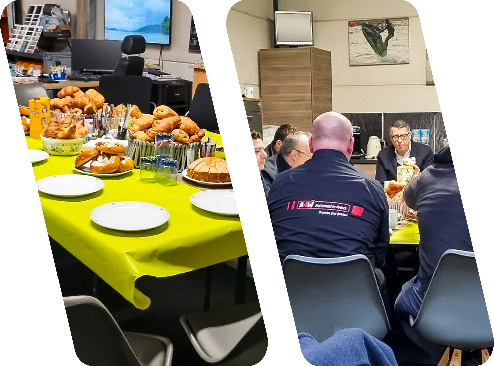 Een tafel gedekt met gebakjes en borden op een geel tafelkleed. Een aantal mensen zit bij elkaar, aan het eten en praten, in een werkruimte die is versierd met foto’s, kantoorbenodigdheden en accenten van A4W Rock Werchter Container Inrichting, wat zorgt voor een unieke sfeer.