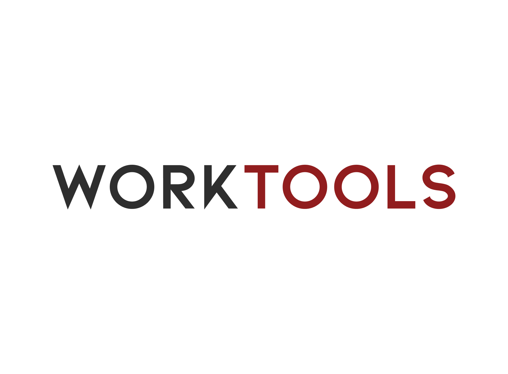 Op de afbeelding staat het woord WORKTOOLS in hoofdletters. WORK is in het zwart en TOOLS in het donkerrood, beide op een witte achtergrond.